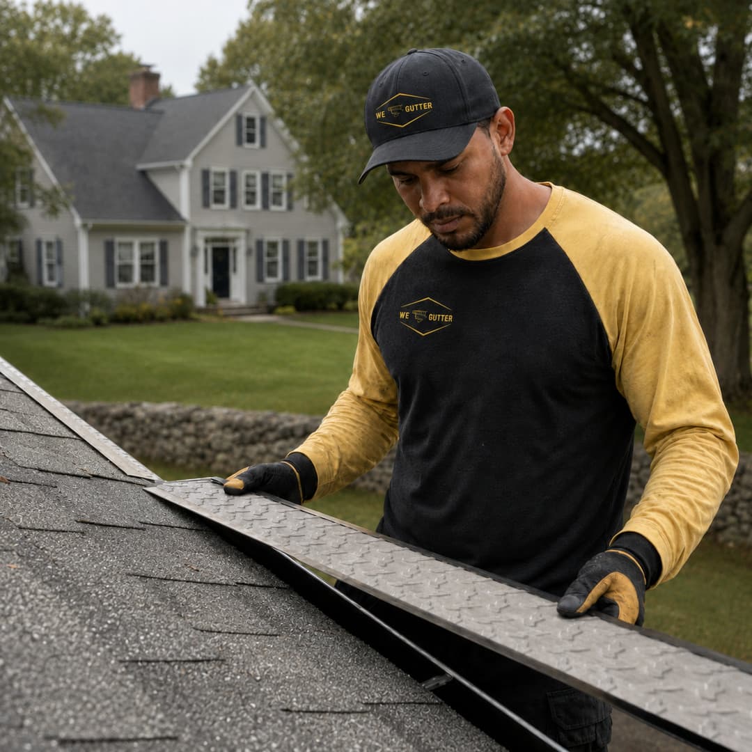 We Gutter technician installing a gutter guard on a Connecticut home