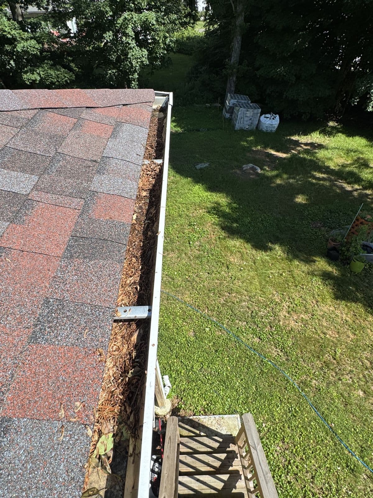 Naugatuck: Leaves and needle-like debris along the gutter above the wooden steps.