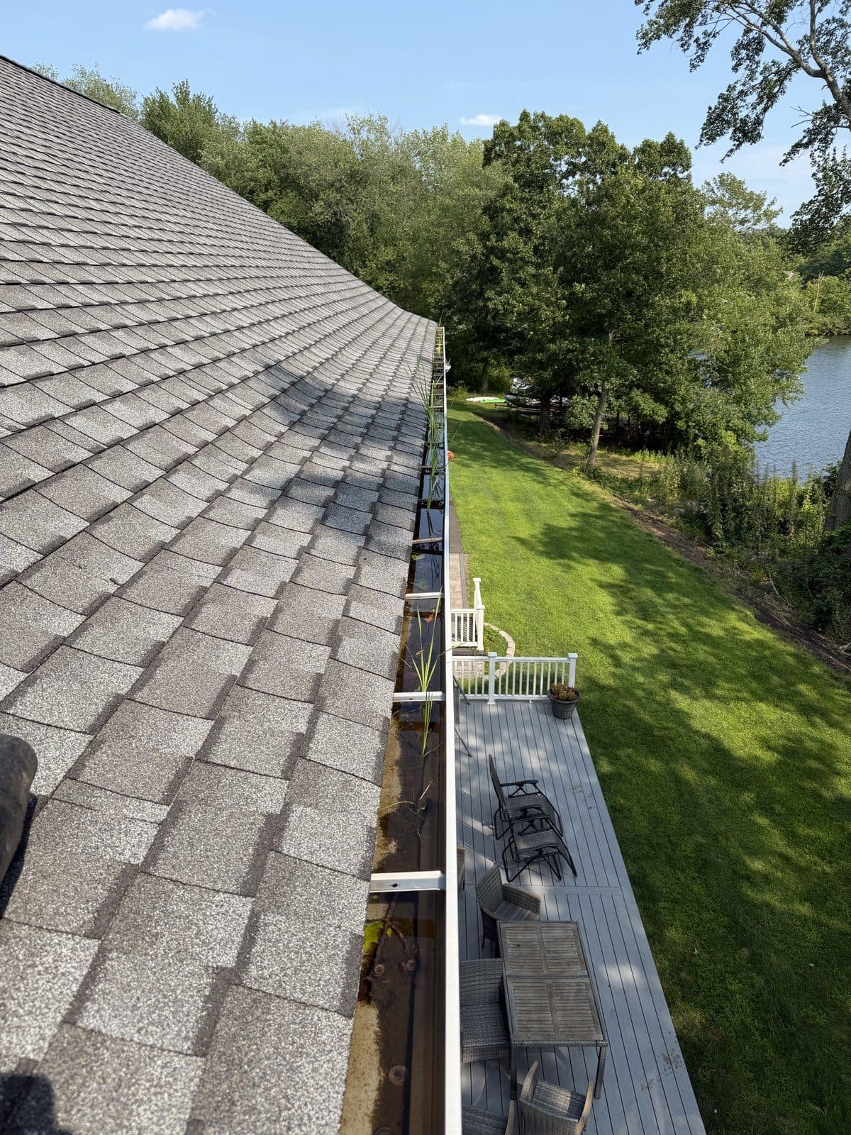 Vegetation, sediment and water in a gutter above a deck in Watertown, Connecticut, before cleaning.